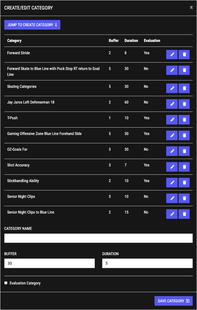 Menu to create and edit custom clip categories.