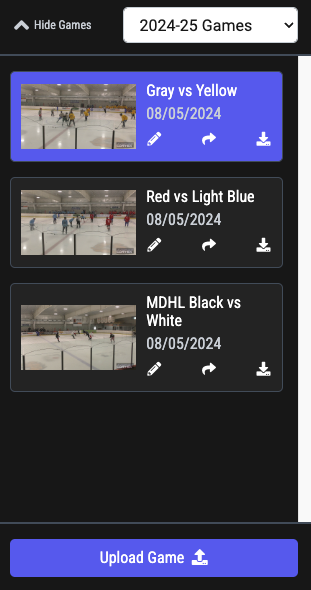 Sidebar of the editor showing game videos, a dropdown to select seasons, and the Upload Game button.